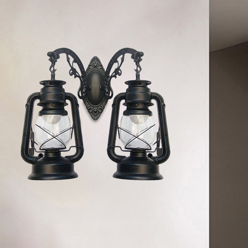 Industrial Lantern Wall Lighting Fixture 2 Bulbs Clear Glass Sconce Light in Black/Bronze/Copper Clearhalo 'Wall Lamps & Sconces' 'Wall Lights' Lighting' 1959788