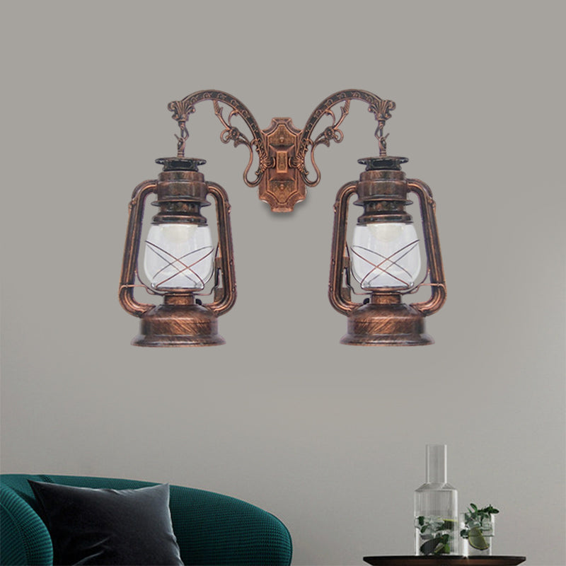 Industrial Lantern Wall Lighting Fixture 2 Bulbs Clear Glass Sconce Light in Black/Bronze/Copper Clearhalo 'Wall Lamps & Sconces' 'Wall Lights' Lighting' 1959828