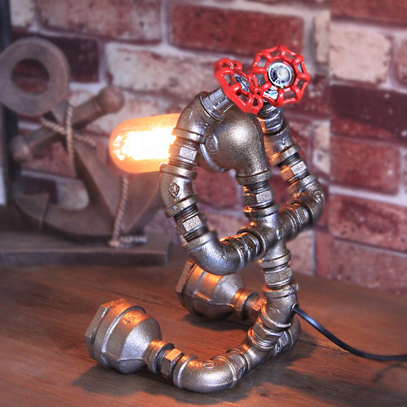 Wrought Iron Robot Table Light with Water Valve Steampunk 1 Bulb Coffee Shop Table Lamp in Silver Silver Clearhalo 'Lamps' 'Table Lamps' Lighting' 196008