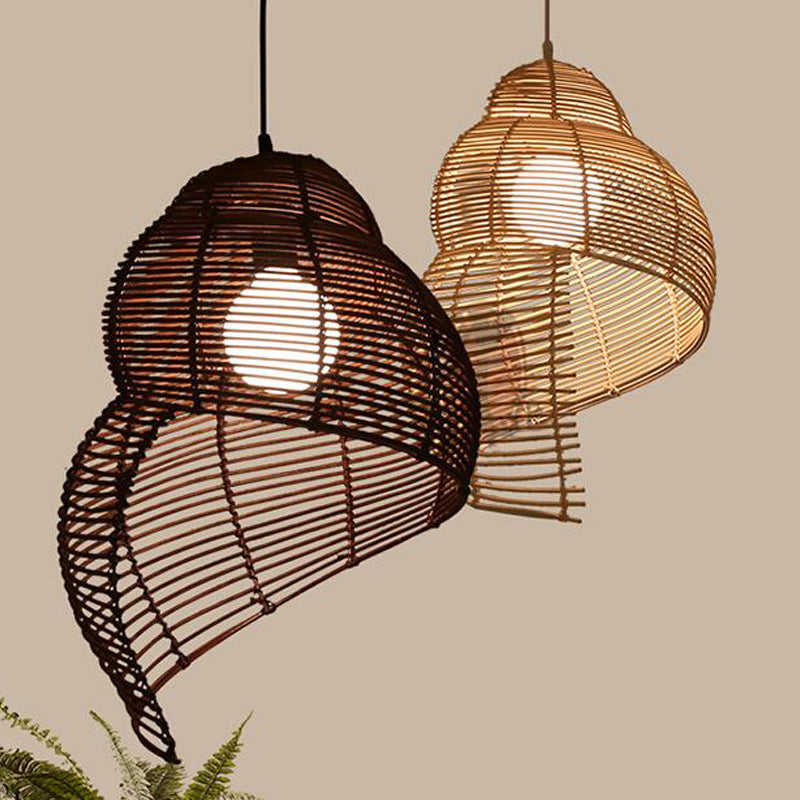 Rattan Spiral Shell Shaped Pendant Coastal Single-Bulb Coffee/Beige Hanging Light Kit, 10