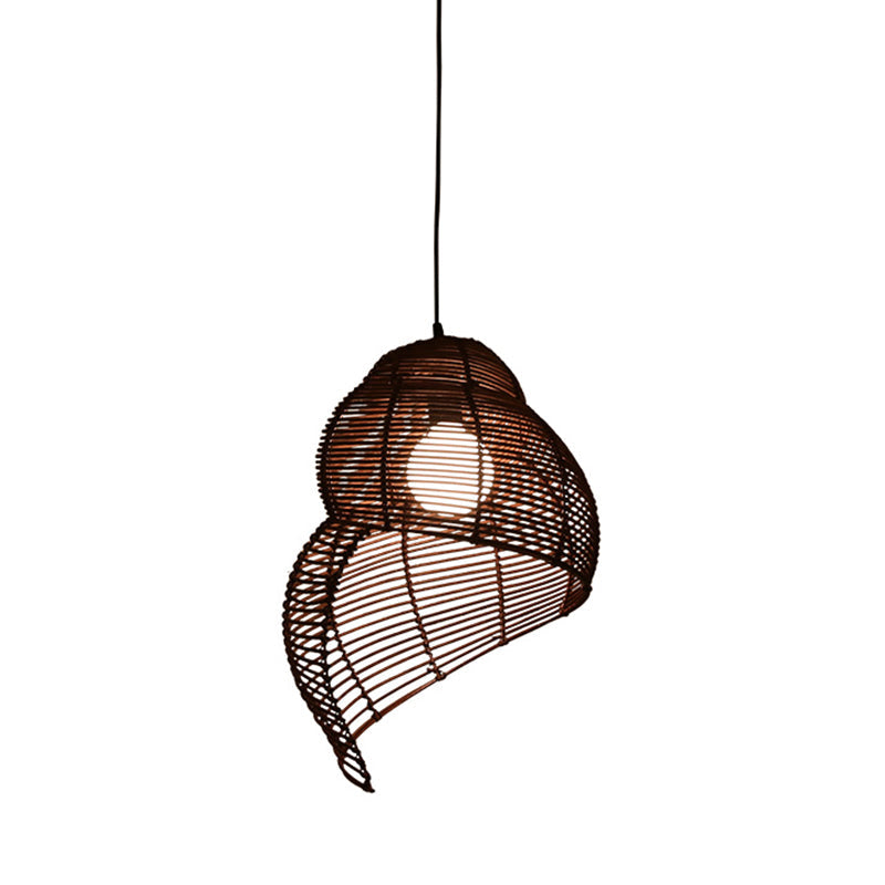 Rattan Spiral Shell Shaped Pendant Coastal Single-Bulb Coffee/Beige Hanging Light Kit, 10