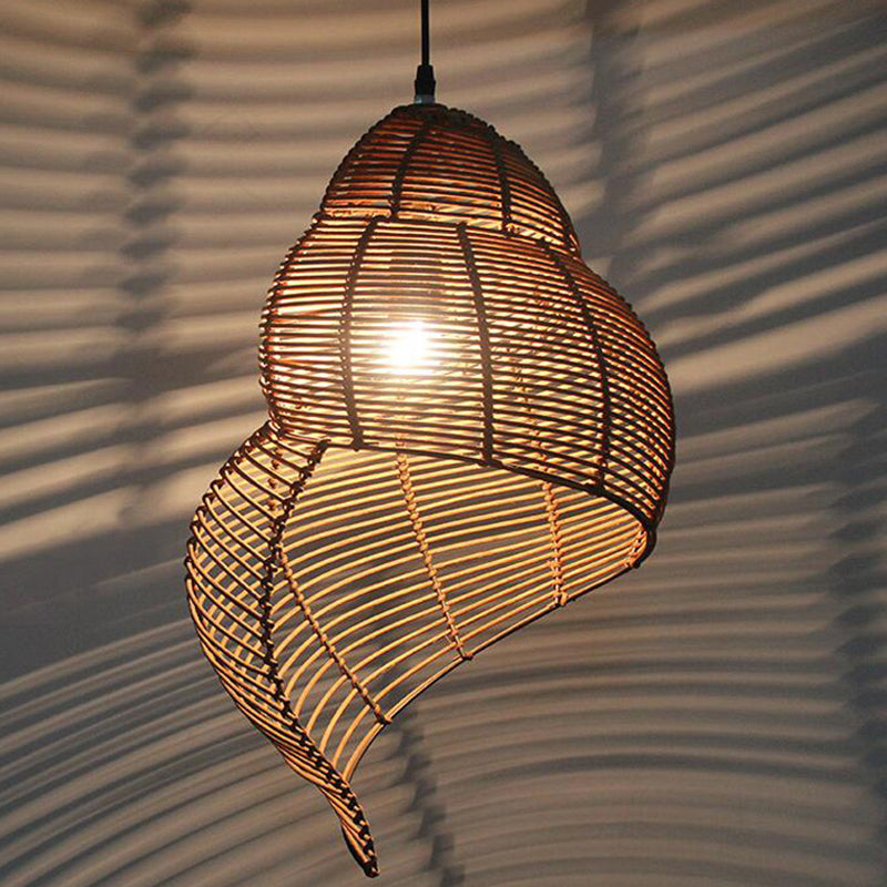 Rattan Spiral Shell Shaped Pendant Coastal Single-Bulb Coffee/Beige Hanging Light Kit, 10