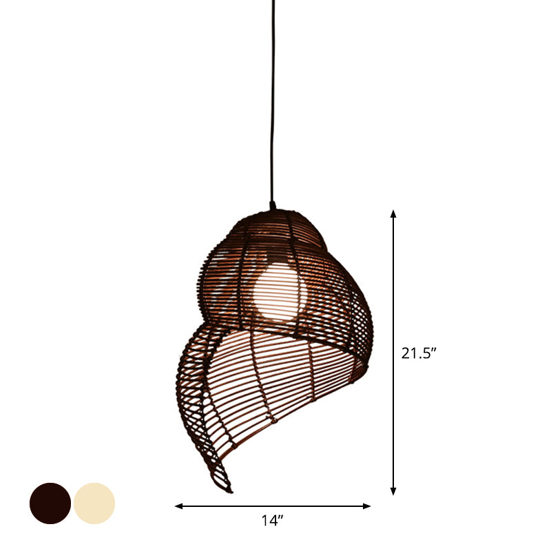 Rattan Spiral Shell Shaped Pendant Coastal Single-Bulb Coffee/Beige Hanging Light Kit, 10