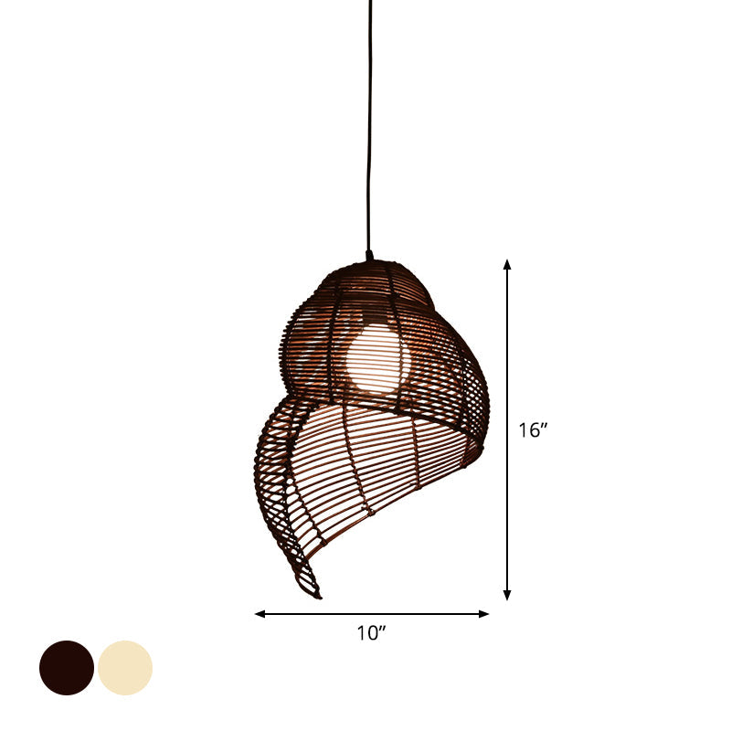 Rattan Spiral Shell Shaped Pendant Coastal Single-Bulb Coffee/Beige Hanging Light Kit, 10