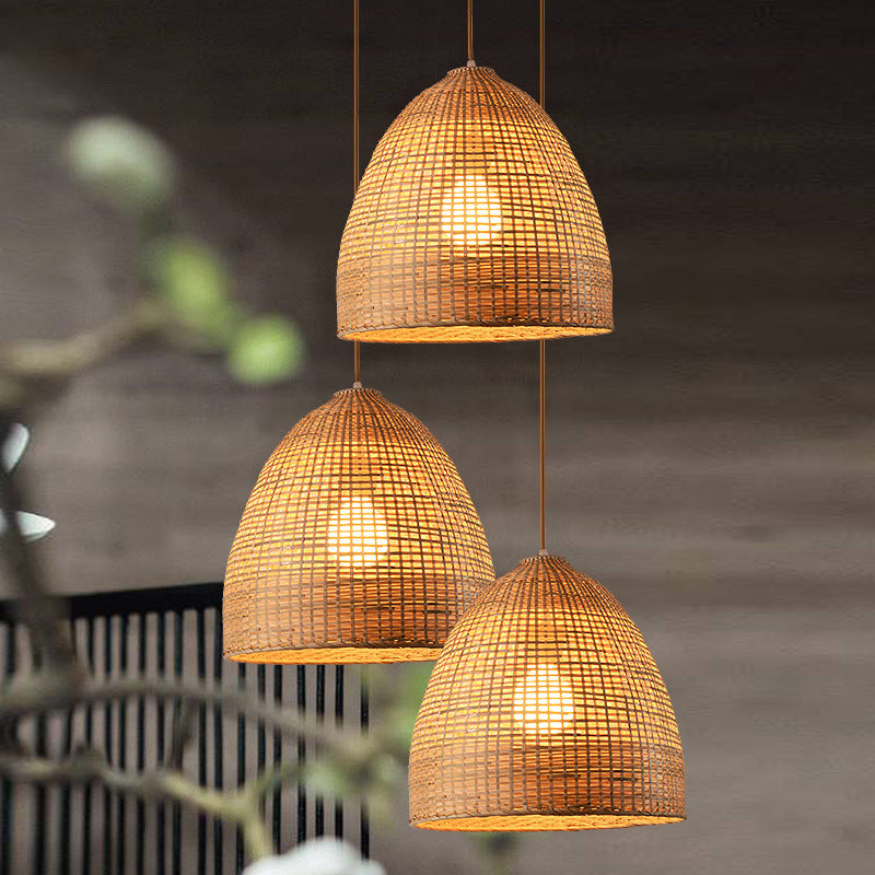 Crisscross-Woven Bowl/Oval/Bell Pendant Asia Bamboo 1 Head Tearoom Hanging Ceiling Light in Beige, 9