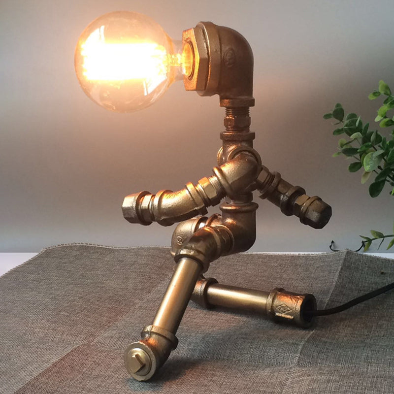 Antique Style Pipe Man Table Lamp 1 Head Wrought Iron Table Lighting in Brass for Coffee Shop Clearhalo 'Lamps' 'Table Lamps' Lighting' 196025