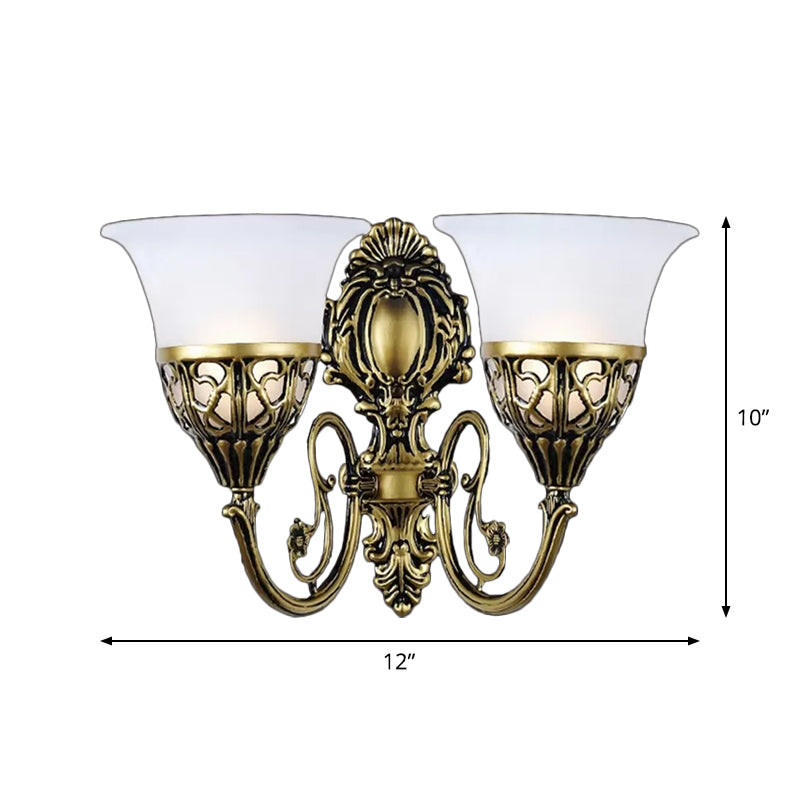 Bronze 2 Lights Wall Mount Lamp Vintage White Glass Bell Wall Sconce Lighting for Hallway Clearhalo 'Wall Lamps & Sconces' 'Wall Lights' Lighting' 1960376