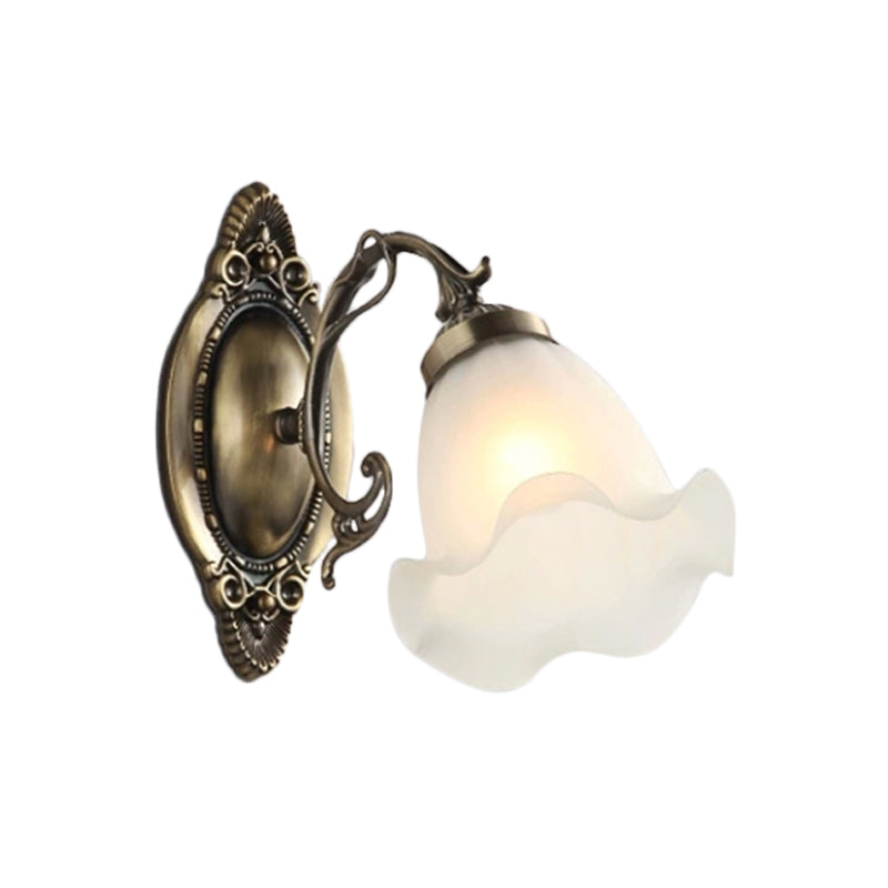 1/2-Bulb Opal Frosted Glass Wall Lamp Countryside Bronze Flower Living Room Wall Lighting Ideas Clearhalo 'Wall Lamps & Sconces' 'Wall Lights' Lighting' 1960391