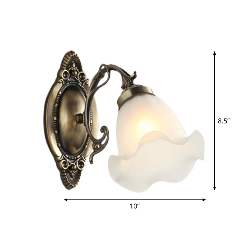 1/2-Bulb Opal Frosted Glass Wall Lamp Countryside Bronze Flower Living Room Wall Lighting Ideas Clearhalo 'Wall Lamps & Sconces' 'Wall Lights' Lighting' 1960393