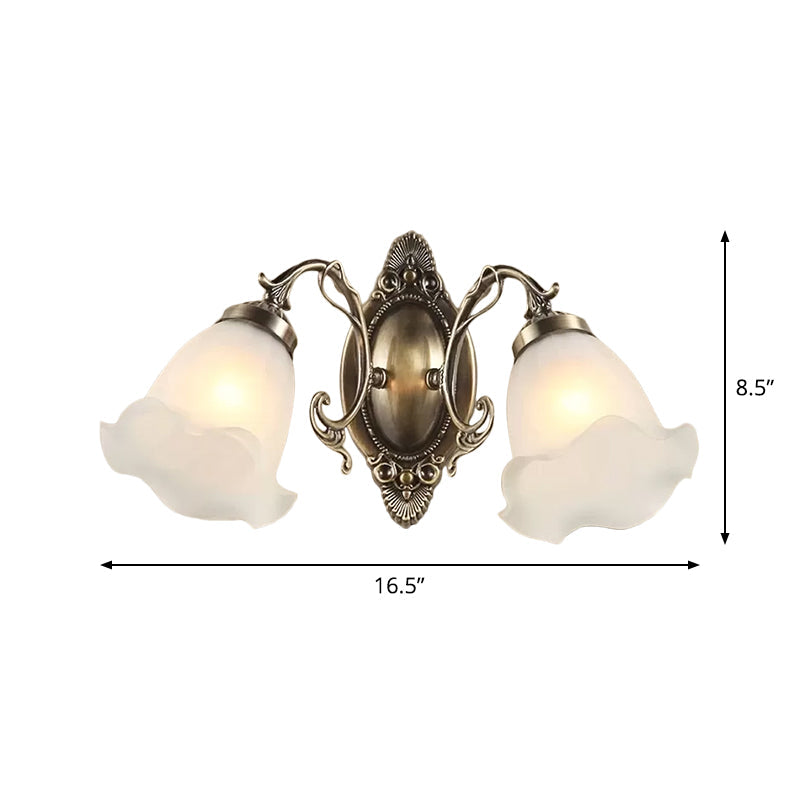 1/2-Bulb Opal Frosted Glass Wall Lamp Countryside Bronze Flower Living Room Wall Lighting Ideas Clearhalo 'Wall Lamps & Sconces' 'Wall Lights' Lighting' 1960396