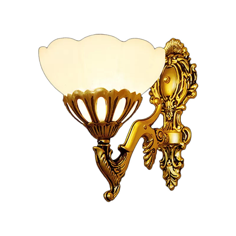 Scalloped Bedroom Wall Light Kit Traditional Cream Glass 1 Head Antiqued Bronze Wall Mount Lamp Clearhalo 'Wall Lamps & Sconces' 'Wall Lights' Lighting' 1960408