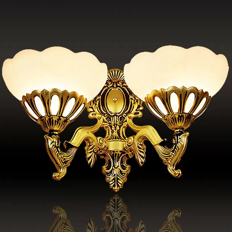 Scalloped Milky Glass Wall Mount Light Antique 2 Heads Living Room Walll Lighting Ideas in Bronze Bronze Clearhalo 'Wall Lamps & Sconces' 'Wall Lights' Lighting' 1960410