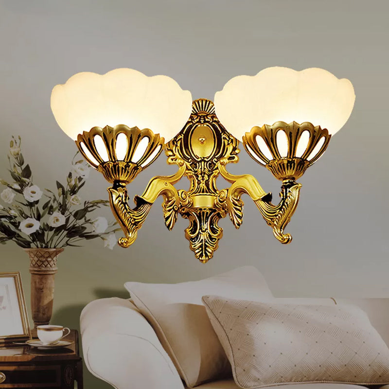 Scalloped Milky Glass Wall Mount Light Antique 2 Heads Living Room Walll Lighting Ideas in Bronze Clearhalo 'Wall Lamps & Sconces' 'Wall Lights' Lighting' 1960411