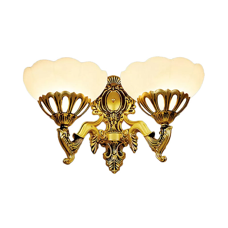 Scalloped Milky Glass Wall Mount Light Antique 2 Heads Living Room Walll Lighting Ideas in Bronze Clearhalo 'Wall Lamps & Sconces' 'Wall Lights' Lighting' 1960412