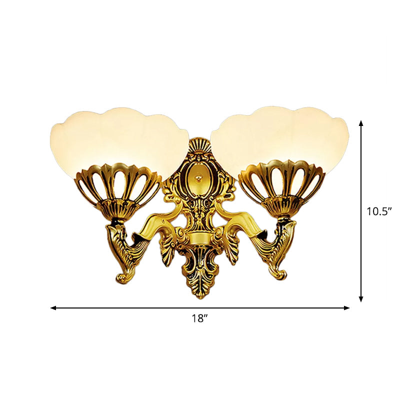 Scalloped Milky Glass Wall Mount Light Antique 2 Heads Living Room Walll Lighting Ideas in Bronze Clearhalo 'Wall Lamps & Sconces' 'Wall Lights' Lighting' 1960413