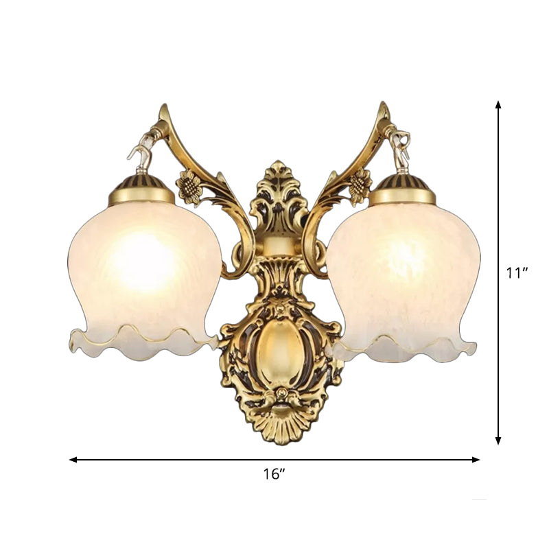 2-Light Opal Frosted Glass Wall Light Traditional Bronze Floral Bedroom Sconce Lighting Clearhalo 'Wall Lamps & Sconces' 'Wall Lights' Lighting' 1960416