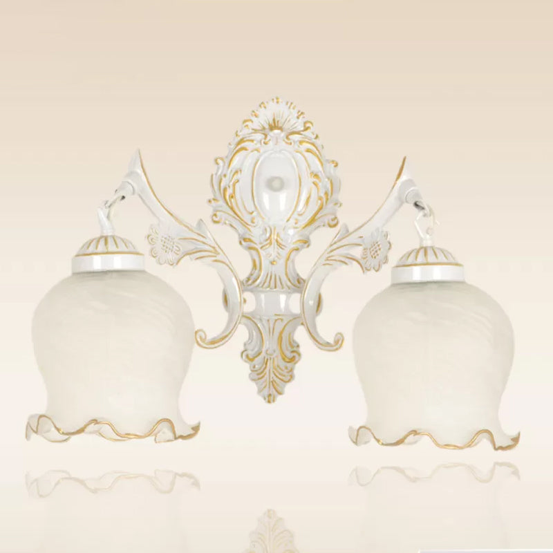 Bronze/White Ruffle Wall Sconce Light Traditional Frosted Glass 2 Heads Living Room Wall Light Fixture White Clearhalo 'Wall Lamps & Sconces' 'Wall Lights' Lighting' 1960417