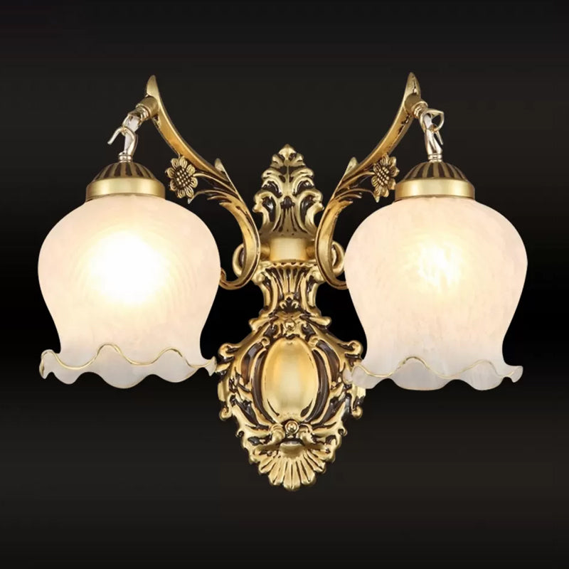 Bronze/White Ruffle Wall Sconce Light Traditional Frosted Glass 2 Heads Living Room Wall Light Fixture Clearhalo 'Wall Lamps & Sconces' 'Wall Lights' Lighting' 1960421