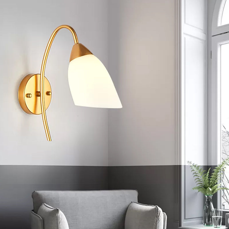 Cone/Tulip Living Room Wall Lamp Minimalist Ivory Glass 1-Light Gold Gooseneck Sconce Lighting Clearhalo 'Wall Lamps & Sconces' 'Wall Lights' Lighting' 1960428