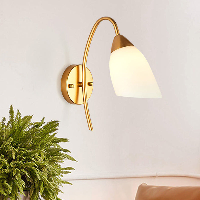 Cone/Tulip Living Room Wall Lamp Minimalist Ivory Glass 1-Light Gold Gooseneck Sconce Lighting Clearhalo 'Wall Lamps & Sconces' 'Wall Lights' Lighting' 1960429