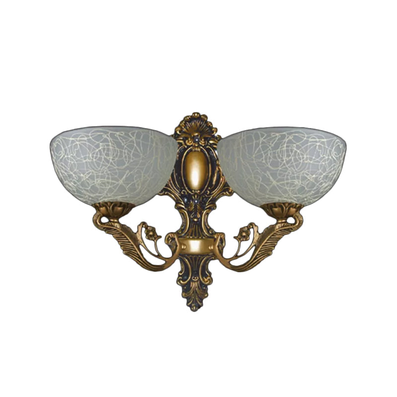 Bowl White Patterned Glass Sconce Lamp Rural 2 Bulbs Foyer Wall Mount Light in Bronze Clearhalo 'Wall Lamps & Sconces' 'Wall Lights' Lighting' 1960441