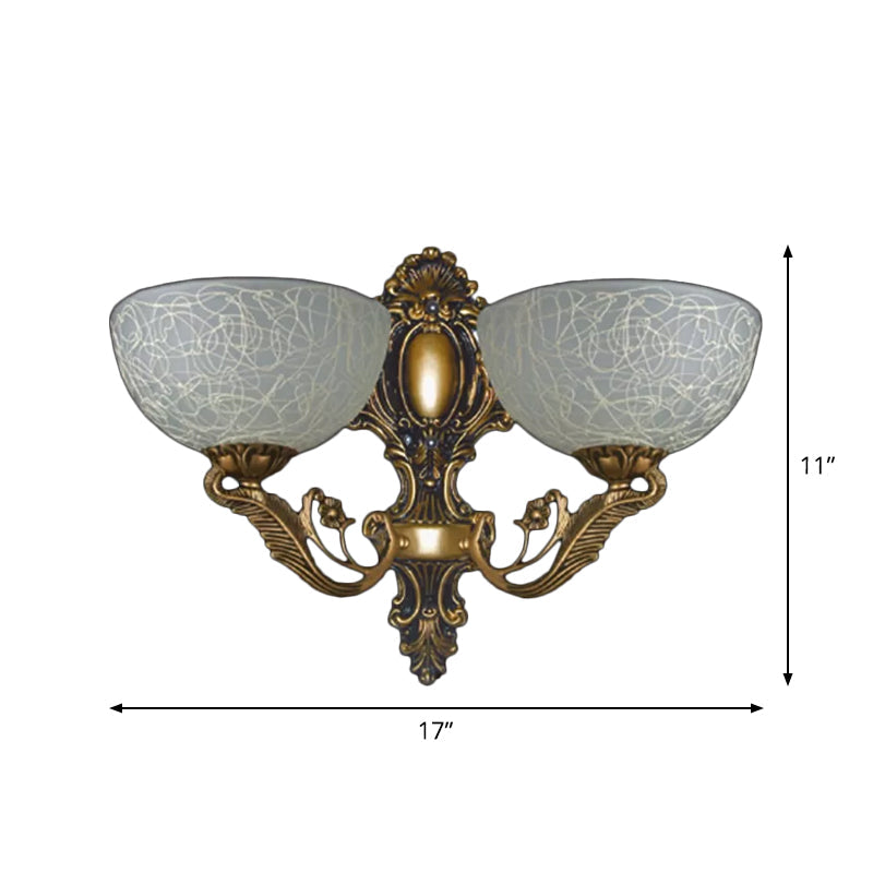 Bowl White Patterned Glass Sconce Lamp Rural 2 Bulbs Foyer Wall Mount Light in Bronze Clearhalo 'Wall Lamps & Sconces' 'Wall Lights' Lighting' 1960442