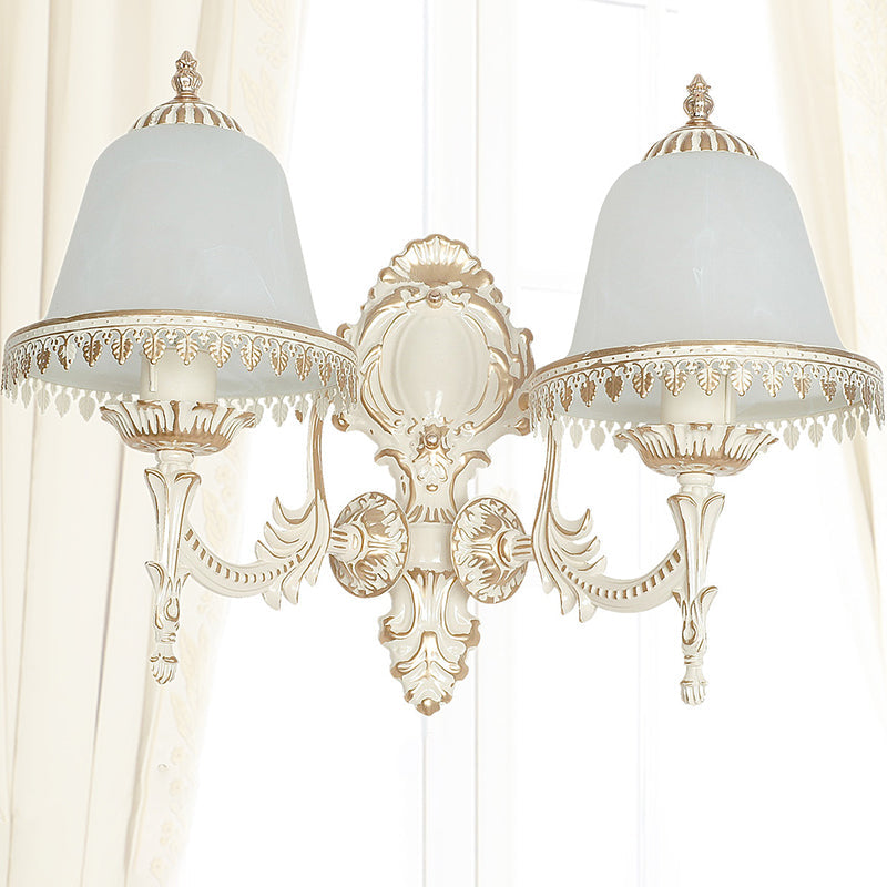 Opal Frosted Glass Cloche Wall Sconce Traditional 2-Head Dining Room Wall Mount Lamp with Trim in White Beige Clearhalo 'Wall Lamps & Sconces' 'Wall Lights' Lighting' 1960458