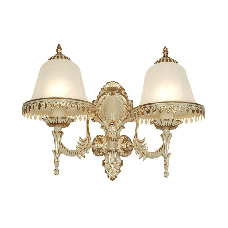 Opal Frosted Glass Cloche Wall Sconce Traditional 2-Head Dining Room Wall Mount Lamp with Trim in White Clearhalo 'Wall Lamps & Sconces' 'Wall Lights' Lighting' 1960460