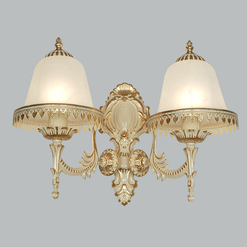 Opal Frosted Glass Cloche Wall Sconce Traditional 2-Head Dining Room Wall Mount Lamp with Trim in White Clearhalo 'Wall Lamps & Sconces' 'Wall Lights' Lighting' 1960461