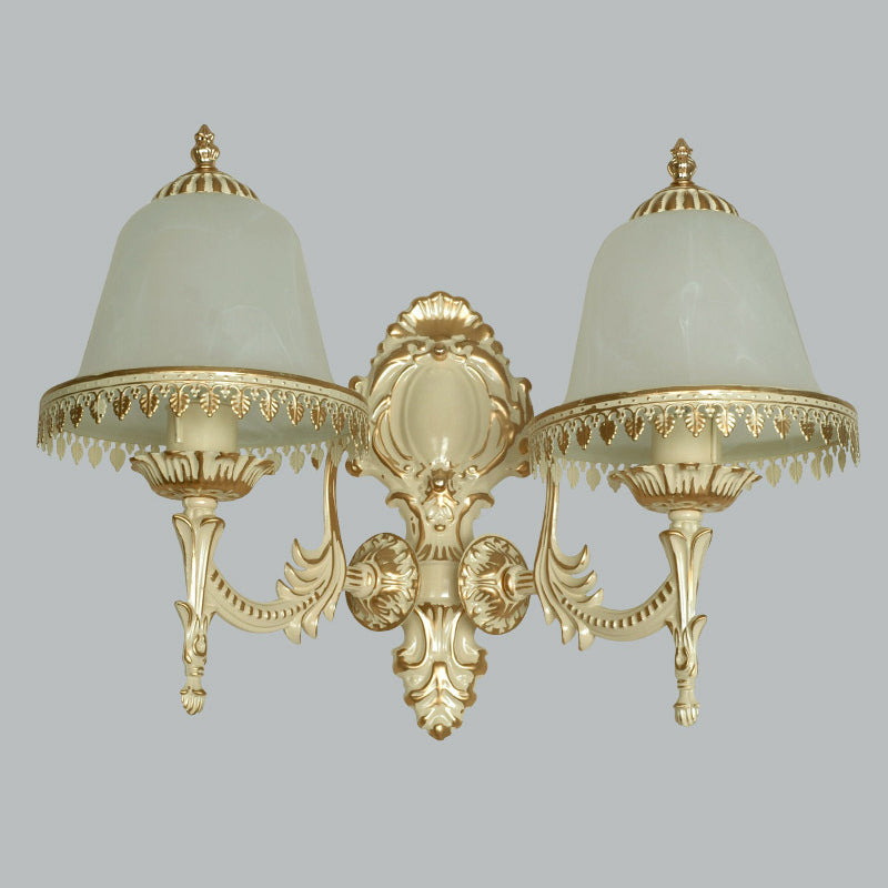 Opal Frosted Glass Cloche Wall Sconce Traditional 2-Head Dining Room Wall Mount Lamp with Trim in White Clearhalo 'Wall Lamps & Sconces' 'Wall Lights' Lighting' 1960462