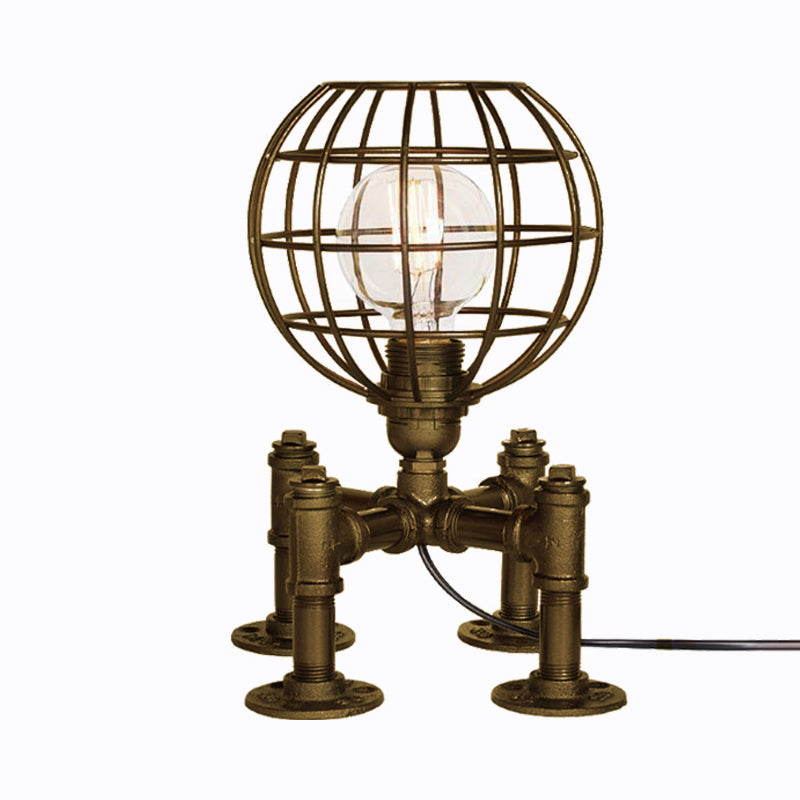 1-Light Global Cage Table Lamp Farmhouse Style Aged Silver/Bronze Wrought Iron Table Light with Piped Base Clearhalo 'Lamps' 'Table Lamps' Lighting' 196070