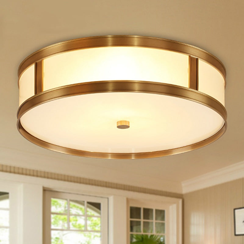 2 Lights Drum Flush Mount Light Colonial Brass Opal Glass Ceiling Light Flush Mount Brass Clearhalo 'Ceiling Lights' 'Close To Ceiling Lights' 'Close to ceiling' 'Flush mount' Lighting' 1963544