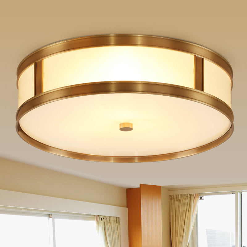 2 Lights Drum Flush Mount Light Colonial Brass Opal Glass Ceiling Light Flush Mount Clearhalo 'Ceiling Lights' 'Close To Ceiling Lights' 'Close to ceiling' 'Flush mount' Lighting' 1963545