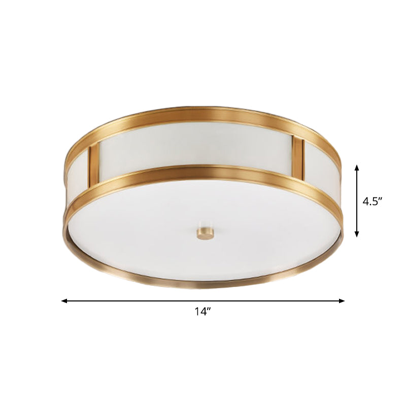 2 Lights Drum Flush Mount Light Colonial Brass Opal Glass Ceiling Light Flush Mount Clearhalo 'Ceiling Lights' 'Close To Ceiling Lights' 'Close to ceiling' 'Flush mount' Lighting' 1963548