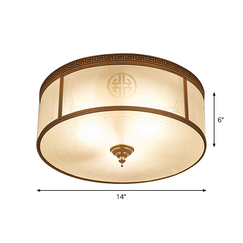 Small/Large 3/4/6 Lights Opal Glass Flush Mount Light Classic Brass Drum Bedroom Ceiling Flush Mount Light Clearhalo 'Ceiling Lights' 'Close To Ceiling Lights' 'Close to ceiling' 'Flush mount' Lighting' 1963565