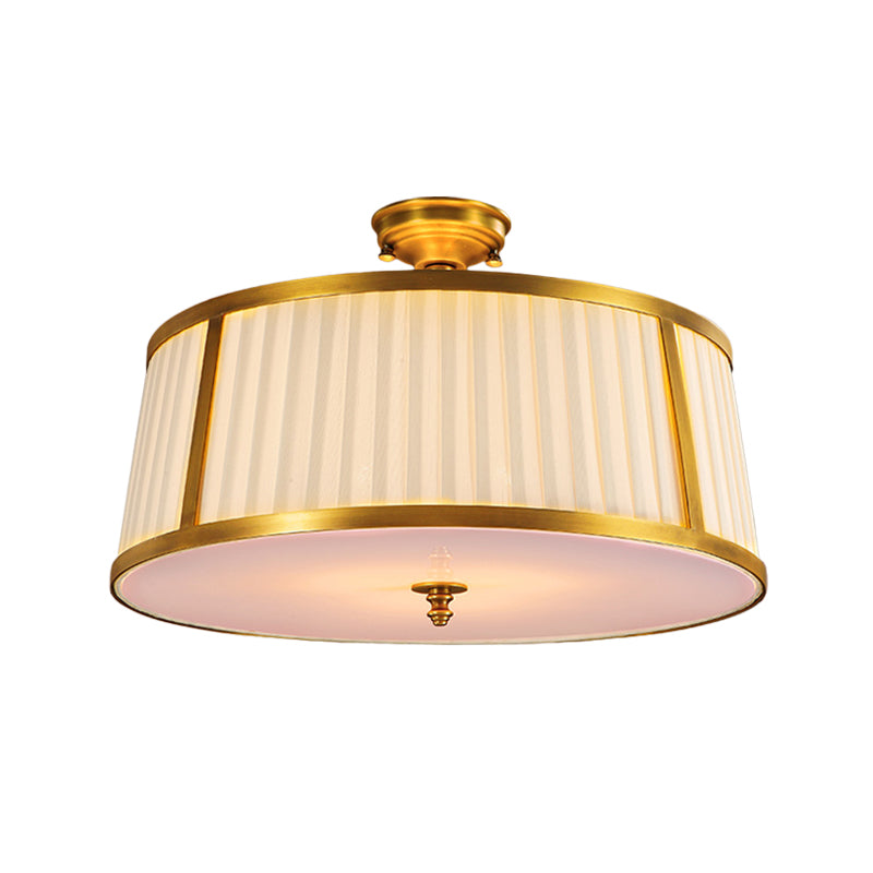 4 Lights Ceiling Light Flush Mount Vintage Drum Fabric Flush Mount Light in Polished Brass Clearhalo 'Ceiling Lights' 'Close To Ceiling Lights' 'Close to ceiling' 'Flush mount' Lighting' 1963569