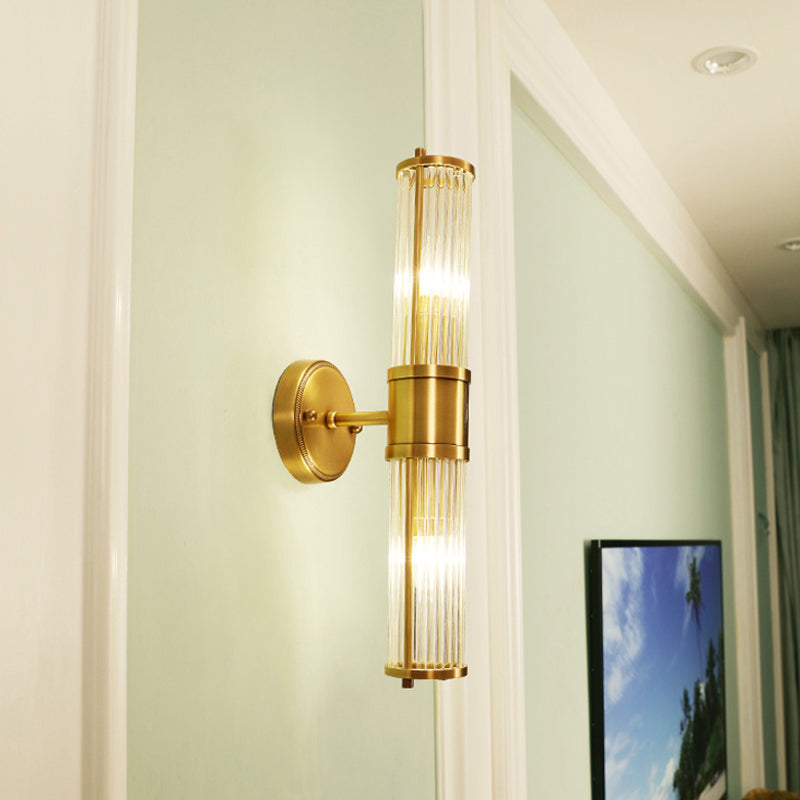 Ribbed Crystal Pole Wall Lamp Traditional 1/2-Light Bedroom Wall Sconce Lighting in Brass Clearhalo 'Wall Lamps & Sconces' 'Wall Lights' Lighting' 1963733