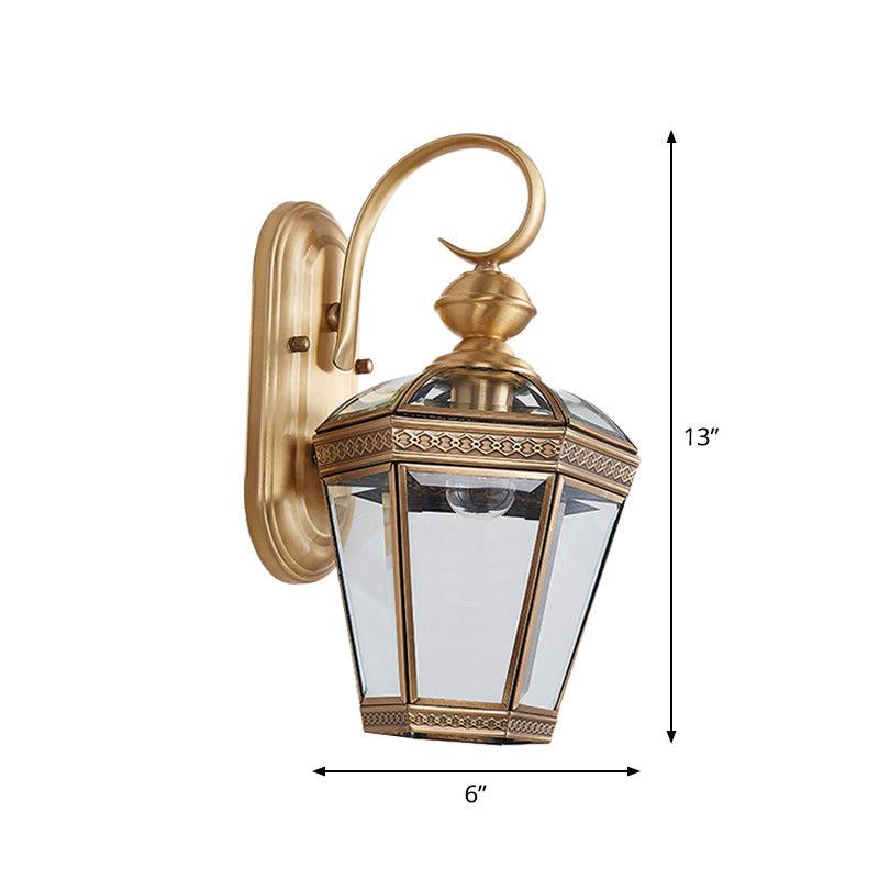 1-Light Tapered Wall Sconce Light Vintage Antique Brass Transparent Glass Wall Lamp for Outdoor Clearhalo 'Wall Lamps & Sconces' 'Wall Lights' Lighting' 1963754