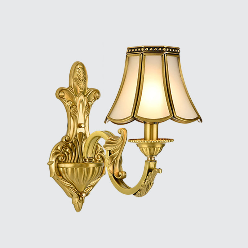 1/2 Light Flared/Bell Wall Mounted Light Traditional Polished Brass Frosted Glass Wall Sconce Lamp Clearhalo 'Wall Lamps & Sconces' 'Wall Lights' Lighting' 1963764