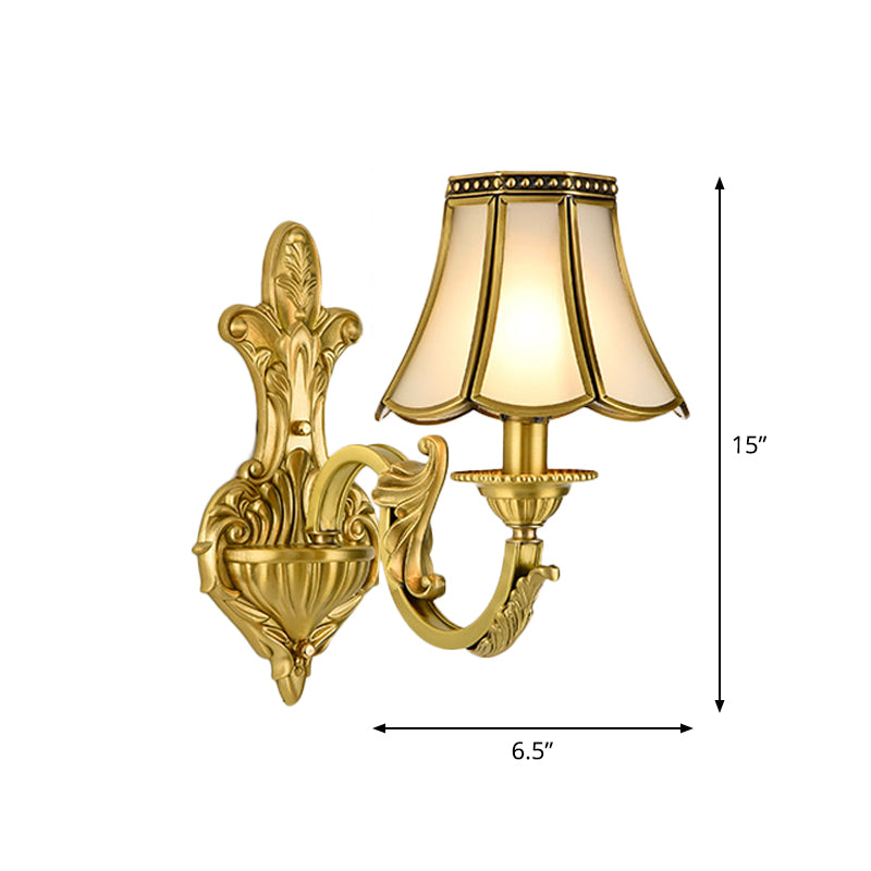 1/2 Light Flared/Bell Wall Mounted Light Traditional Polished Brass Frosted Glass Wall Sconce Lamp Clearhalo 'Wall Lamps & Sconces' 'Wall Lights' Lighting' 1963765