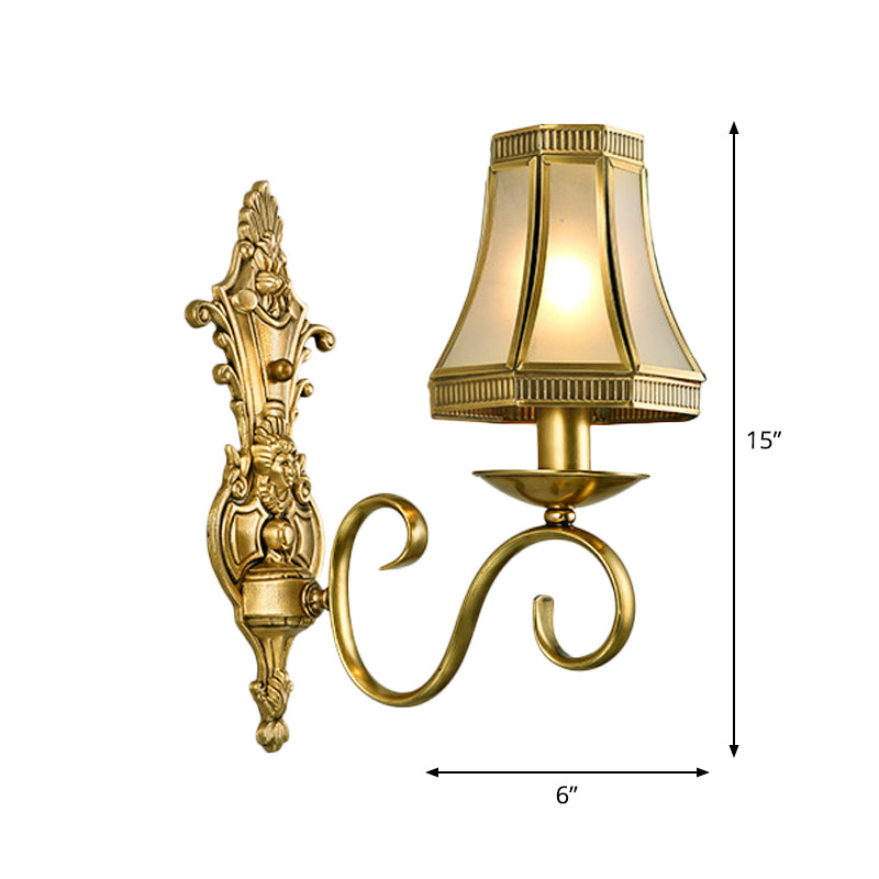 1/2 Light Flared/Bell Wall Mounted Light Traditional Polished Brass Frosted Glass Wall Sconce Lamp Clearhalo 'Wall Lamps & Sconces' 'Wall Lights' Lighting' 1963788