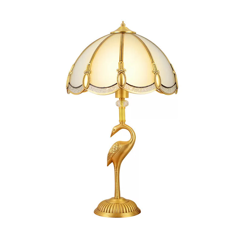 1-Light Night Lamp Vintage Bedroom Table Lamp with Bowl Frosted Glass Shade and Bird Pedestal in Polished Brass Clearhalo 'Lamps' 'Table Lamps' Lighting' 1963796