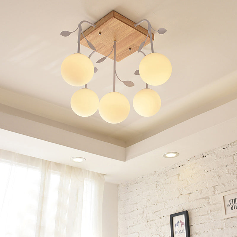 Wood Balloon Flush Mount Light Art Deco Ceiling Light Fixture in Beige for Living Room 5 Wood Clearhalo 'Ceiling Lights' 'Close To Ceiling Lights' 'Close to ceiling' 'Glass shade' 'Glass' 'Pendant Lights' Lighting' 196418