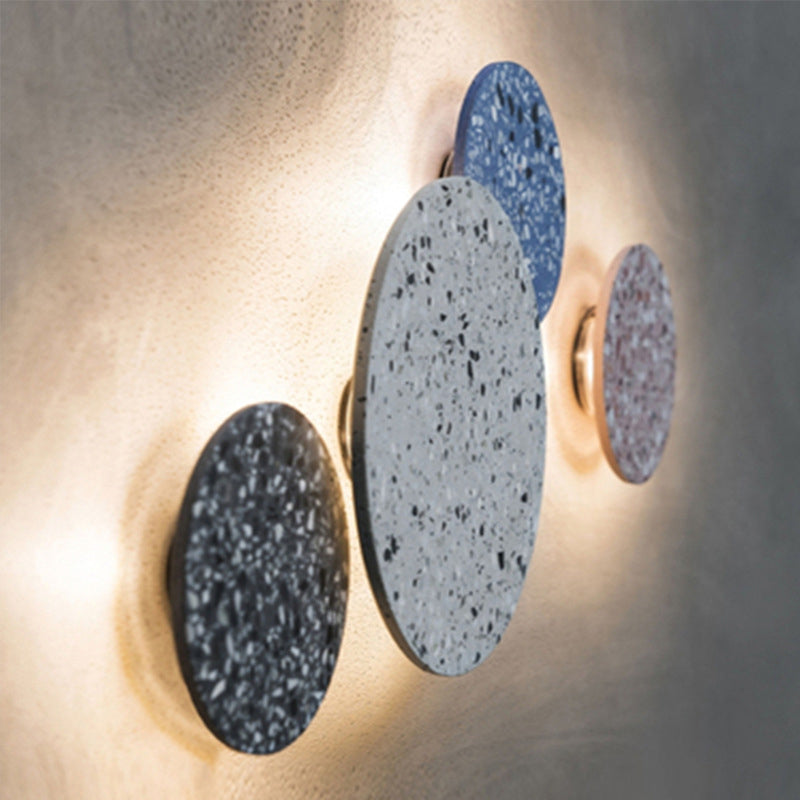 Disc Shaped LED Wall Sconce Minimalist Terrazzo Bedroom Wall Mount Light in Pink/Blue/Black, 7