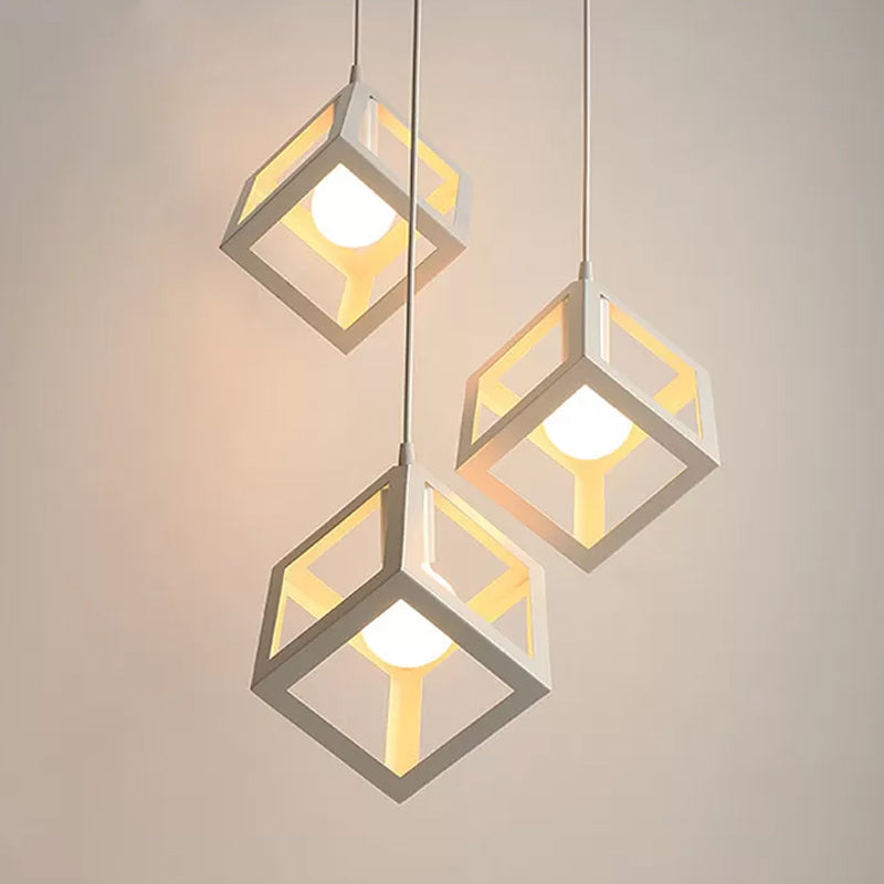 1 Head Down Lighting Pendant Nordic Cube Frame Metal Ceiling Hang Light in White White Clearhalo 'Art Deco Pendants' 'Cast Iron' 'Ceiling Lights' 'Ceramic' 'Crystal' 'Industrial Pendants' 'Industrial' 'Metal' 'Middle Century Pendants' 'Pendant Lights' 'Pendants' 'Tiffany' Lighting' 1968355