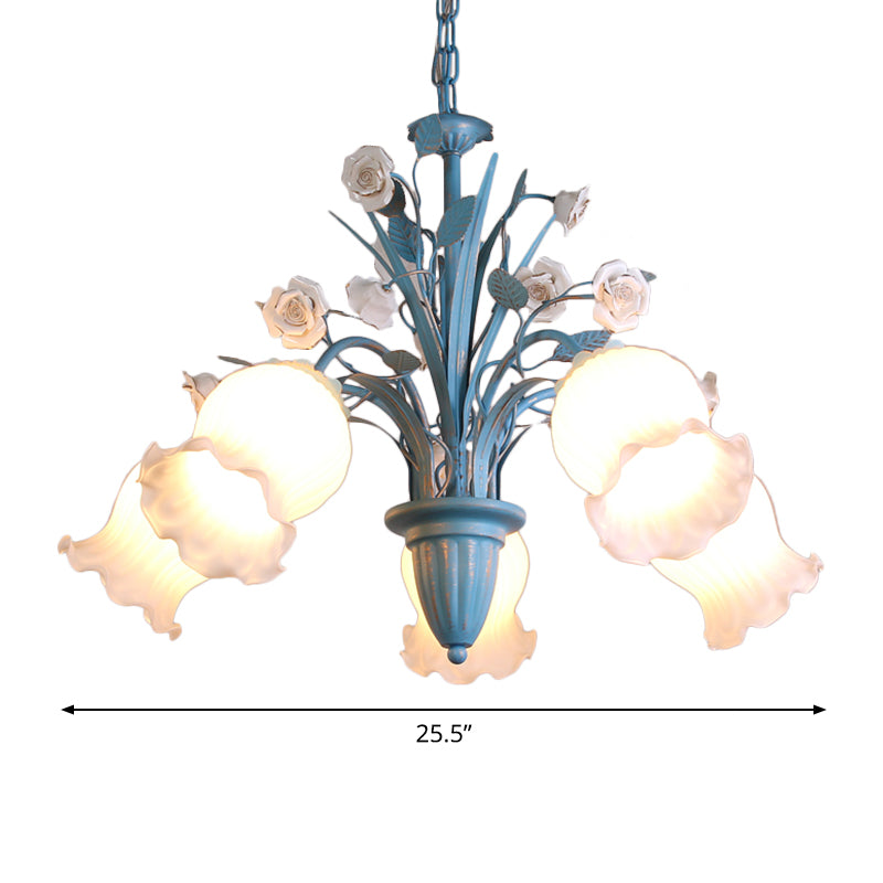 White Glass Orchid/Magnolia Chandelier Korean Flower 5/6/8-Light Living Room Ceiling Pendant Lamp in Blue Clearhalo 'Ceiling Lights' 'Chandeliers' Lighting' options 1968412