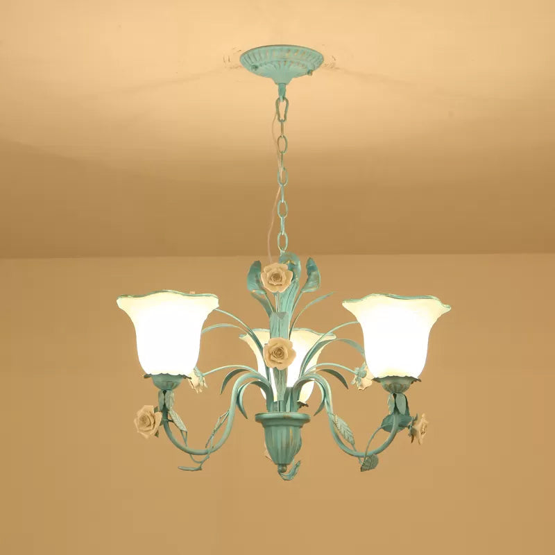 Floral Frosted Glass Hanging Chandelier Romantic Pastoral 3/5-Light Bedroom Pendant Ceiling Light in Blue Clearhalo 'Ceiling Lights' 'Chandeliers' Lighting' options 1968446