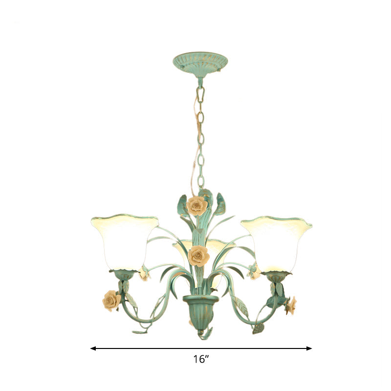 Floral Frosted Glass Hanging Chandelier Romantic Pastoral 3/5-Light Bedroom Pendant Ceiling Light in Blue Clearhalo 'Ceiling Lights' 'Chandeliers' Lighting' options 1968449