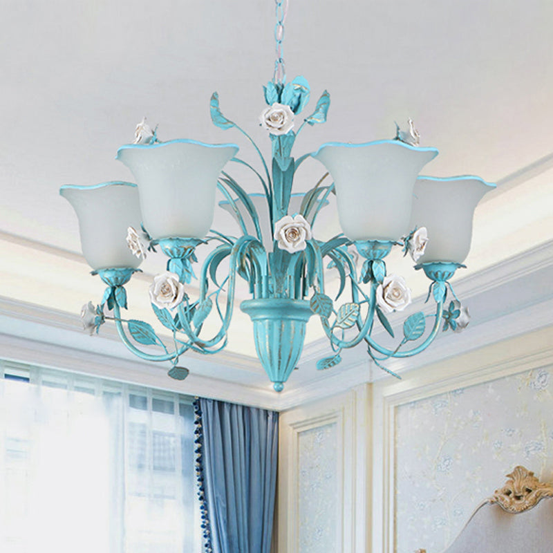 Floral Frosted Glass Hanging Chandelier Romantic Pastoral 3/5-Light Bedroom Pendant Ceiling Light in Blue Clearhalo 'Ceiling Lights' 'Chandeliers' Lighting' options 1968450