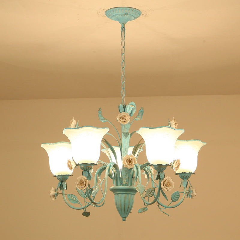 Floral Frosted Glass Hanging Chandelier Romantic Pastoral 3/5-Light Bedroom Pendant Ceiling Light in Blue Clearhalo 'Ceiling Lights' 'Chandeliers' Lighting' options 1968451